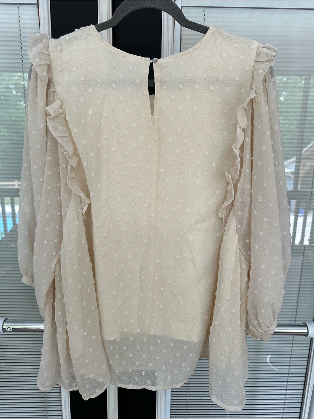 Size 2X Easel Delicate Cream Swiss Dot Ruffle Blouse - Women. Slightly oversized - Picture 3 of 3